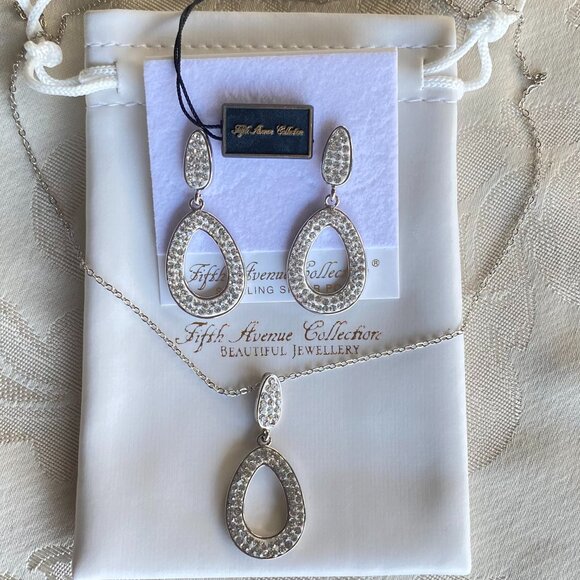 Silver Tone Clear Swarovski Crystal Necklace Earrings - Picture 1 of 6